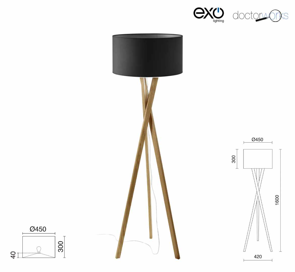 Pie de salón WOOD E27 42W Madera haya con pantalla Amsterdam negra 450 mm